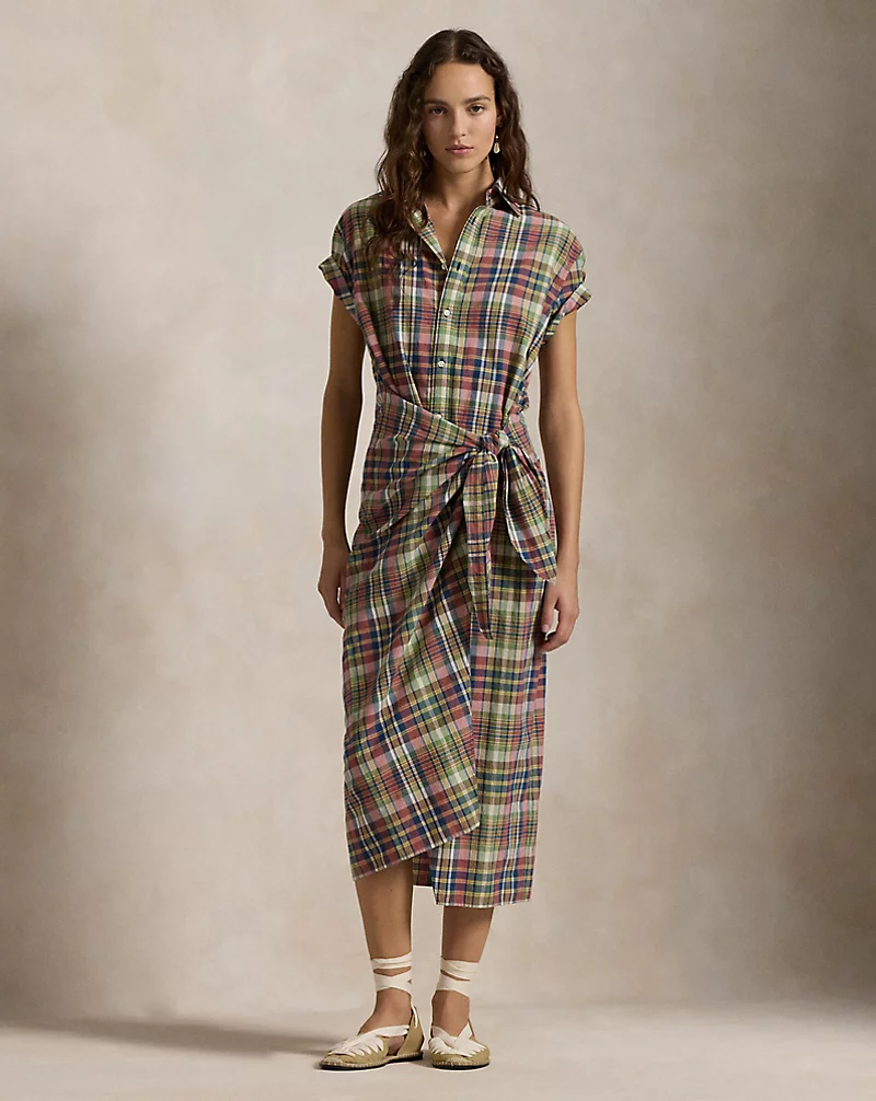 Plaid Cotton Faux-Wrap Shirtdress