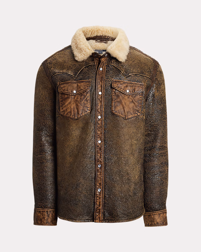 Leather-Trim Shearling Western Jacket