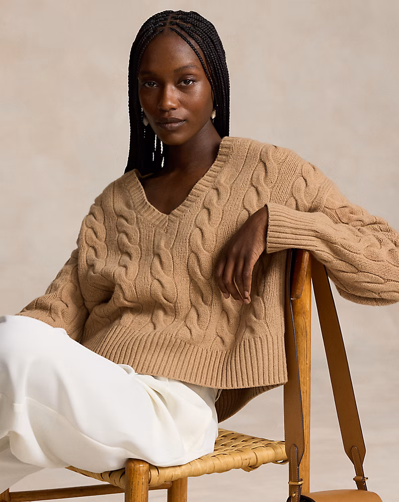 Ralph Lauren Cable-Knit Wool-Cashmere V-Neck Sweater