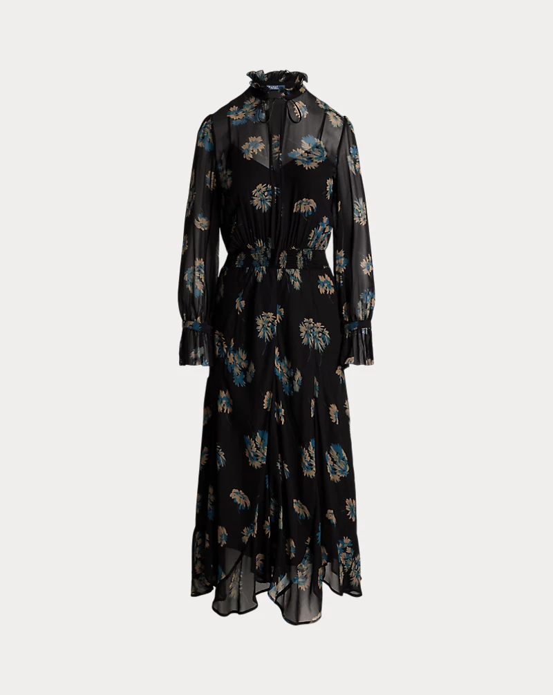 Floral Ruffle-Trim Georgette Dress