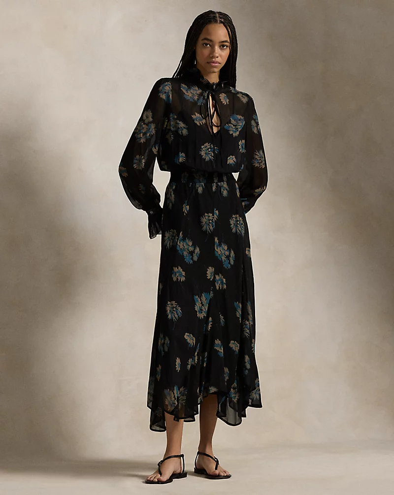 Floral Ruffle-Trim Georgette Dress