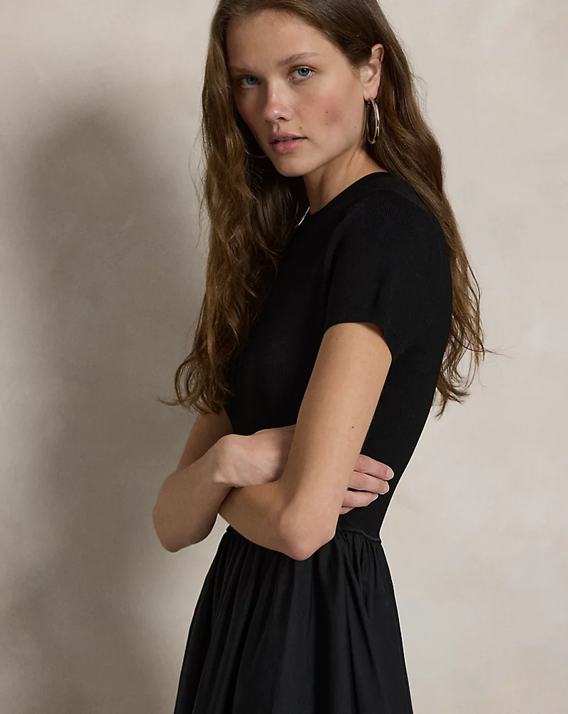Sweater-Bodice Short-Sleeve Dress