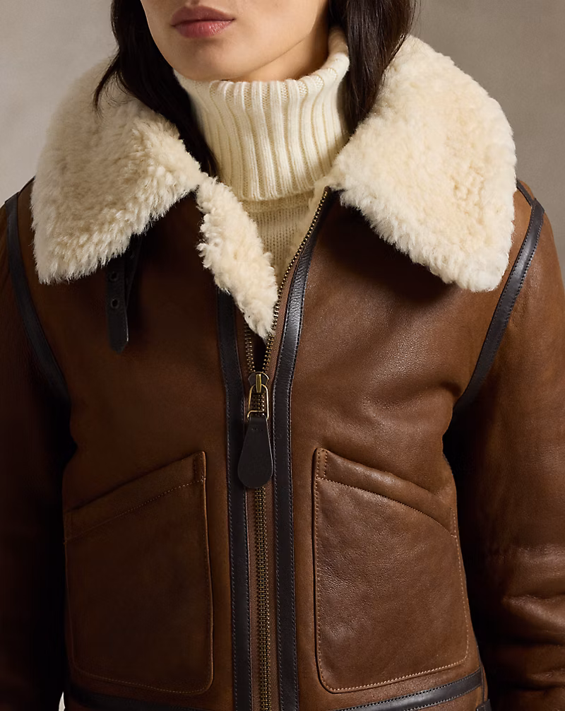 Leather-Trim Shearling Aviator Jacket