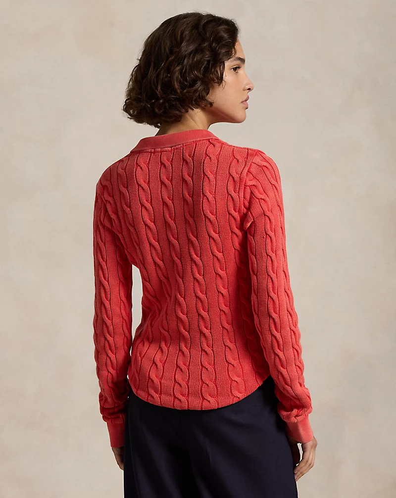 Cable-Knit Cotton Long-Sleeve Polo Shirt