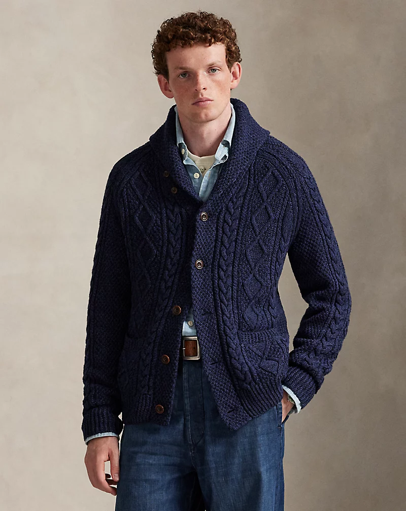 Aran-Knit Cotton Shawl-Collar Cardigan