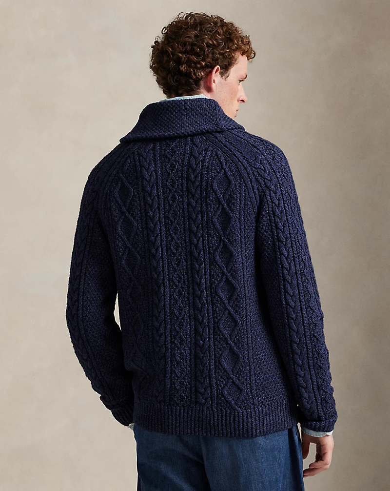 Aran-Knit Cotton Shawl-Collar Cardigan