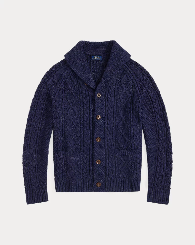 Aran-Knit Cotton Shawl-Collar Cardigan
