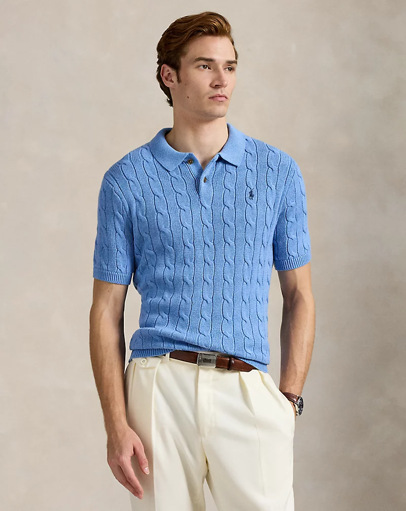 Cable-Knit Cotton Polo-Collar Sweater