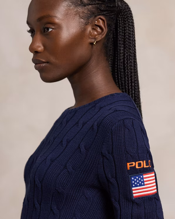 Flag-Patch Cable-Knit Cotton Jumper