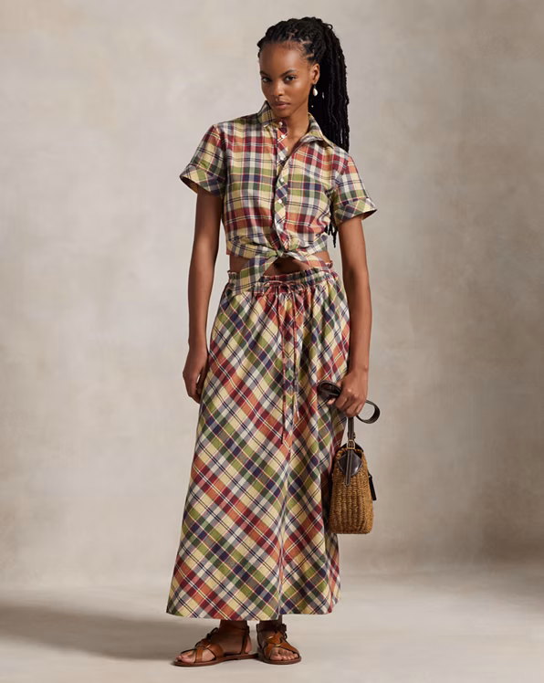 Cropped Plaid Cotton Tie-Front Top