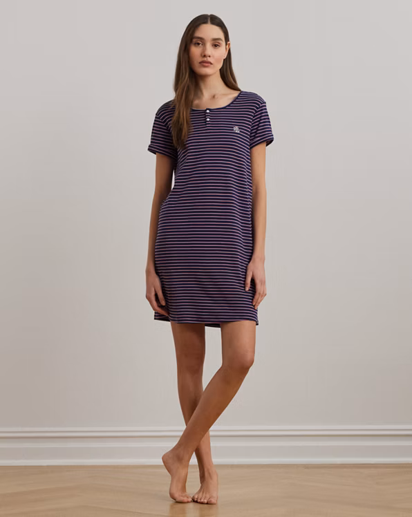 Striped Rib-Knit Henley Sleep Tee