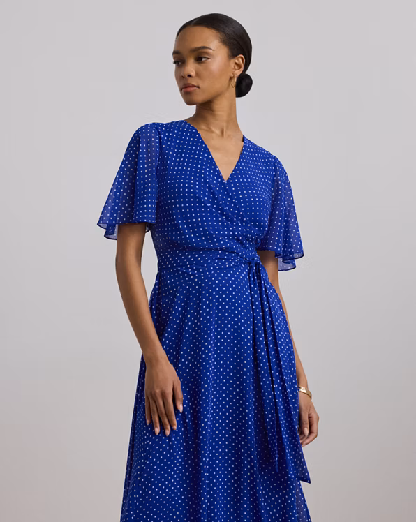 Polka-Dot Belted Crinkle Georgette Dress