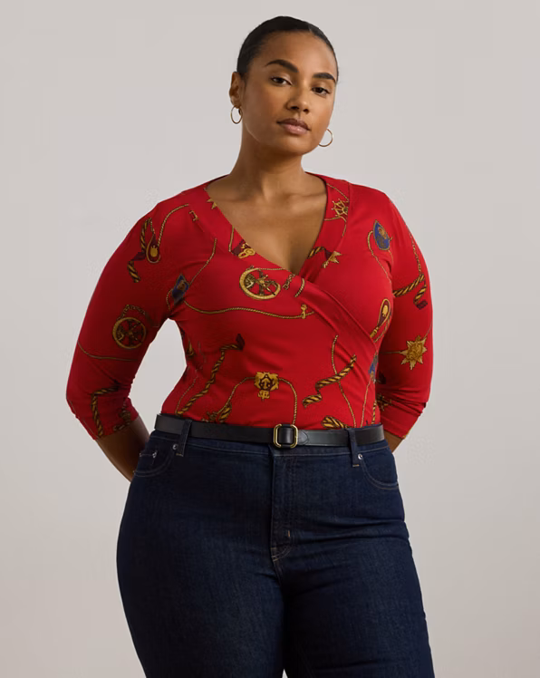 Belting-Print Jersey Surplice Top