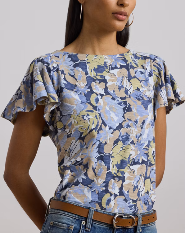 Floral Slub Jersey Flutter-Sleeve Top