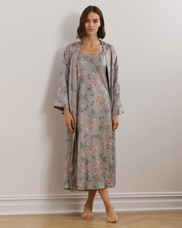 Floral Belted Satin Long Robe