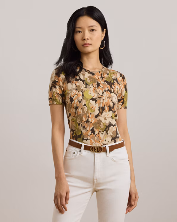 Floral Cotton-Blend Short-Sleeve Jumper