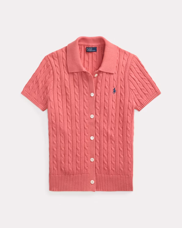 Cable Cotton Short-Sleeve Polo Cardigan