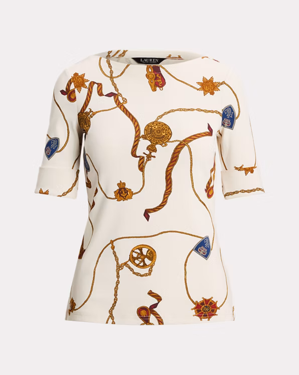 Print Stretch Cotton Boatneck T-Shirt