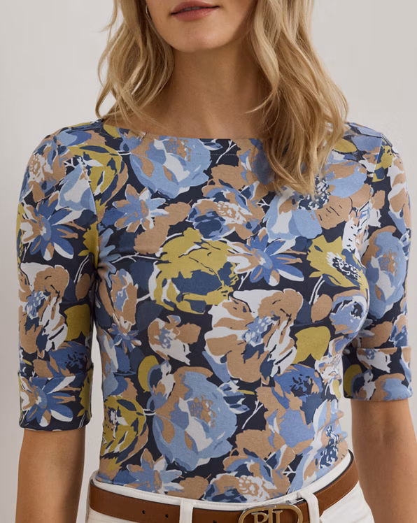Floral Stretch Cotton Boatneck T-shirt