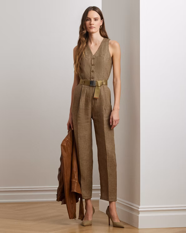 Houndstooth Belted Linen Jumpsuit