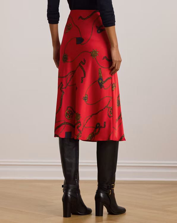 Belting-Print Satin Charmeuse Midi Skirt