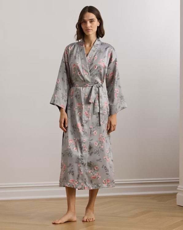 Floral Belted Satin Long Robe
