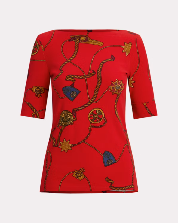 Print Stretch Cotton Boatneck T-Shirt