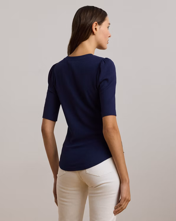 Cotton-Blend Rib-Knit Puff-Sleeve Tee