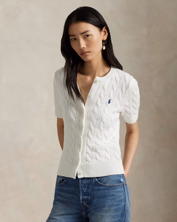 Cable-Knit Cotton Short-Sleeve Cardigan