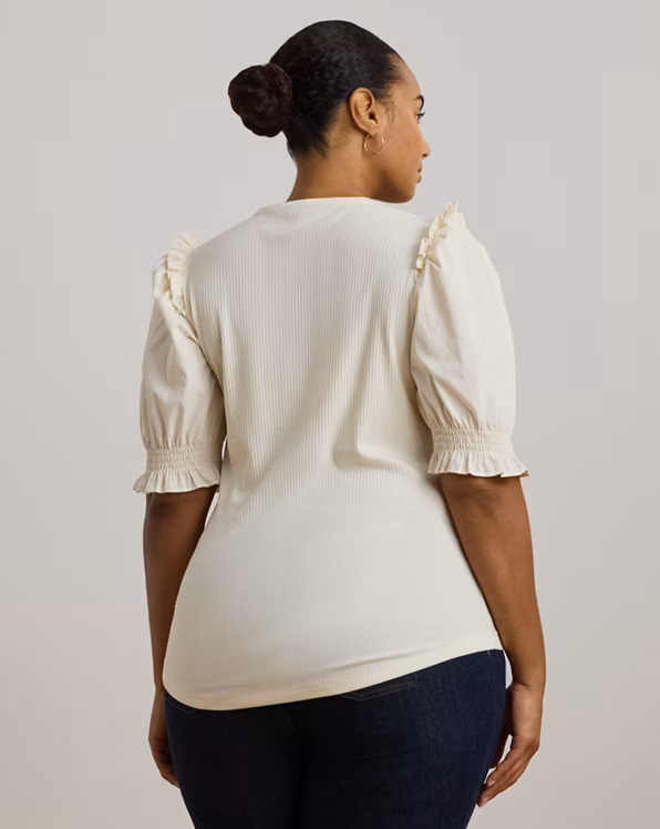 Rib-Knit Cotton-Blend Puff-Sleeve Top
