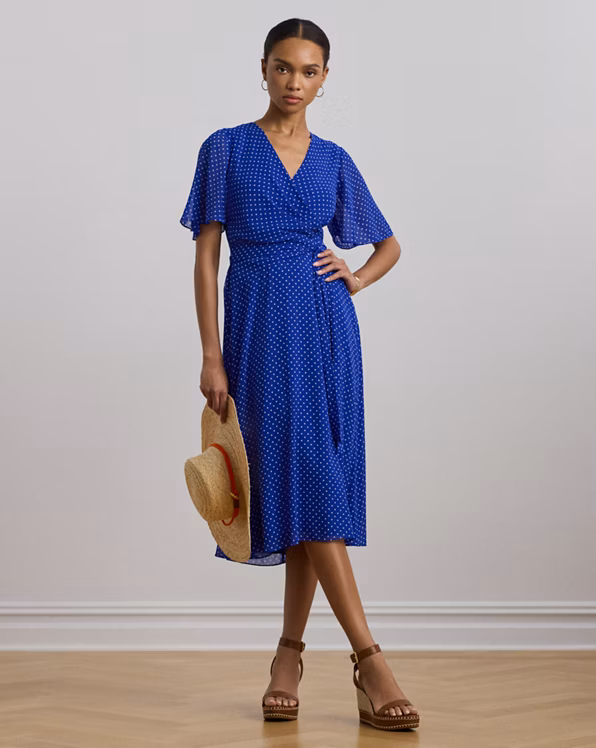 Polka-Dot Belted Crinkle Georgette Dress