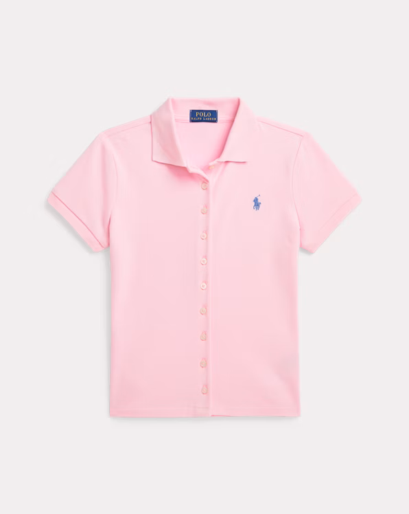 Button-Front Stretch Mesh Polo Shirt