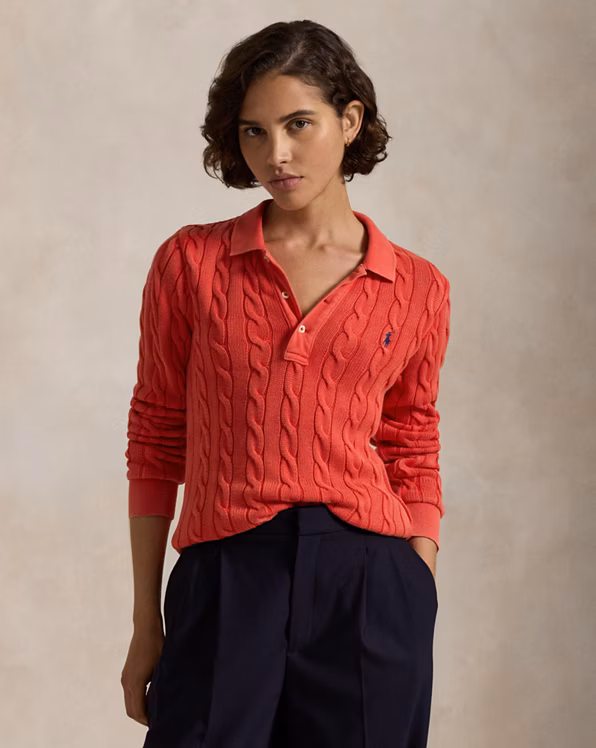Cable-Knit Cotton Long-Sleeve Polo Shirt