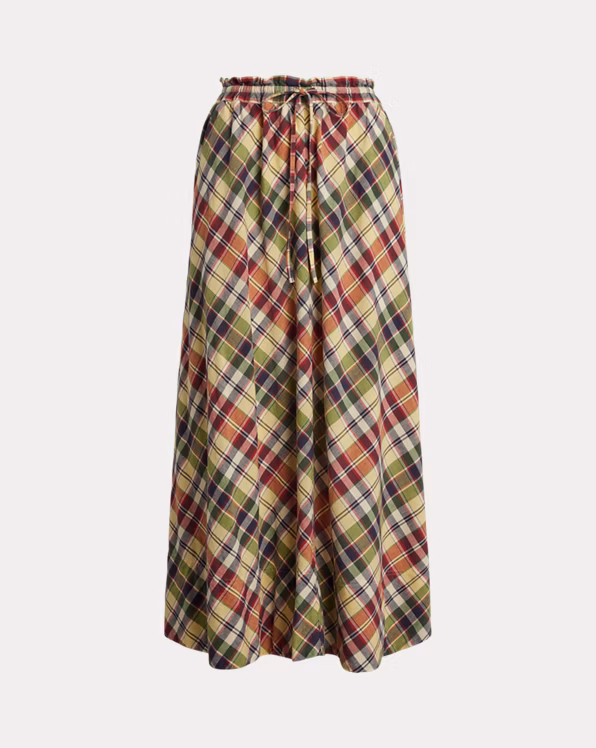 Plaid Cotton Drawstring Maxiskirt