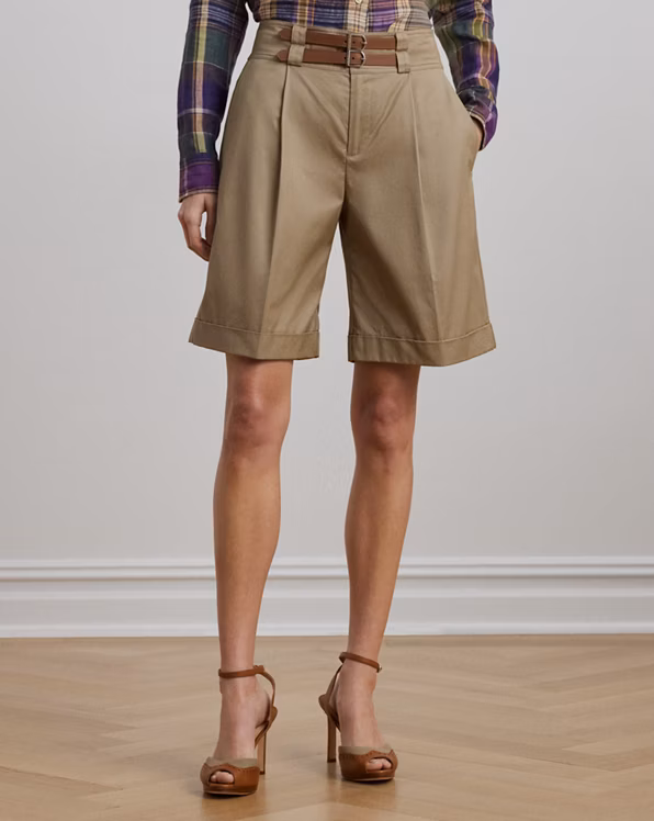 Buckle-Trim Pleated Cotton Twill Short