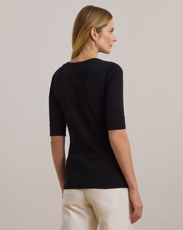 Stretch Cotton Elbow-Sleeve V-Neck Tee