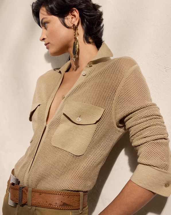 Linen-Blend Mesh Jumper Shirt