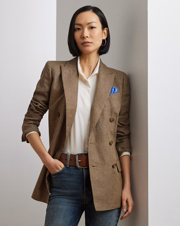 Houndstooth Double-Breasted Twill Blazer