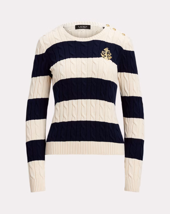 Striped Button-Trim Cable-Knit Jumper