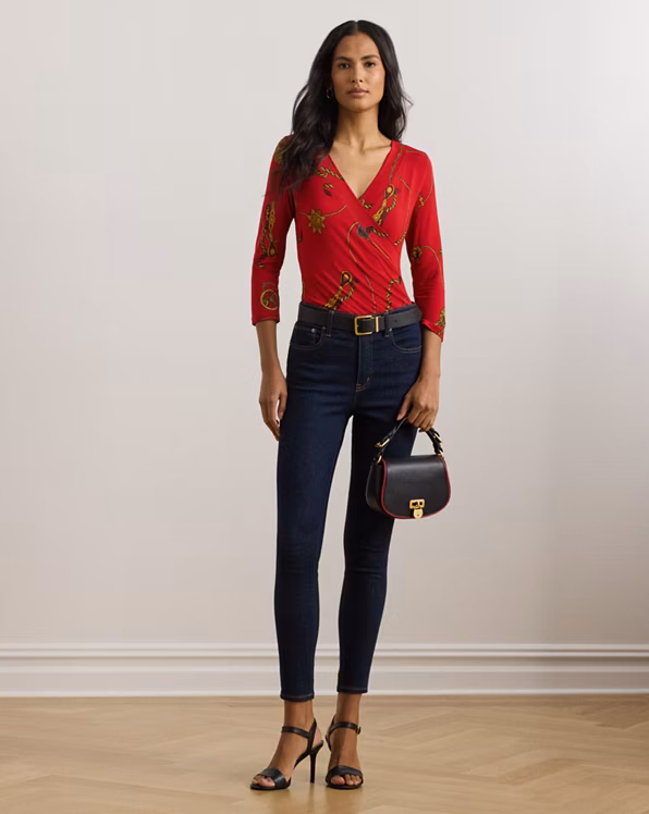 Belting-Print Jersey Surplice Top