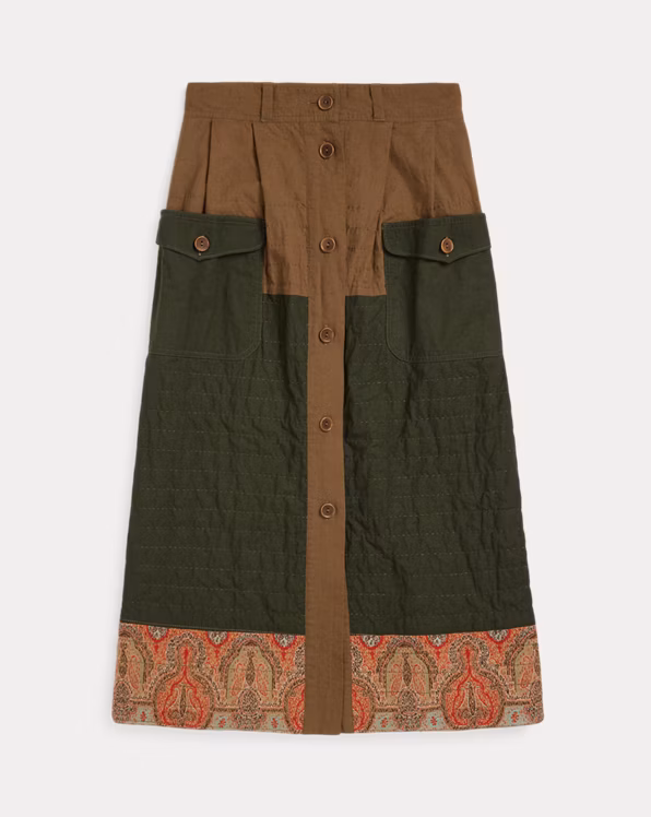 Mixed-Panel Quilted Cotton-Linen Skirt
