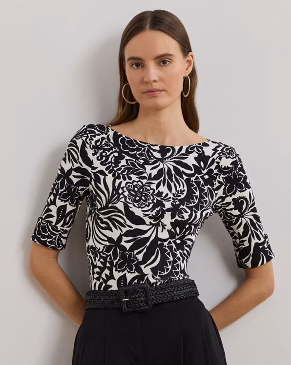 Floral Stretch Cotton Boatneck T-shirt