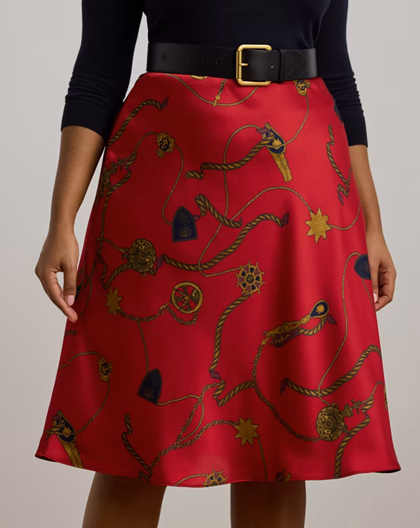 Belting-Print Satin Charmeuse Midi Skirt