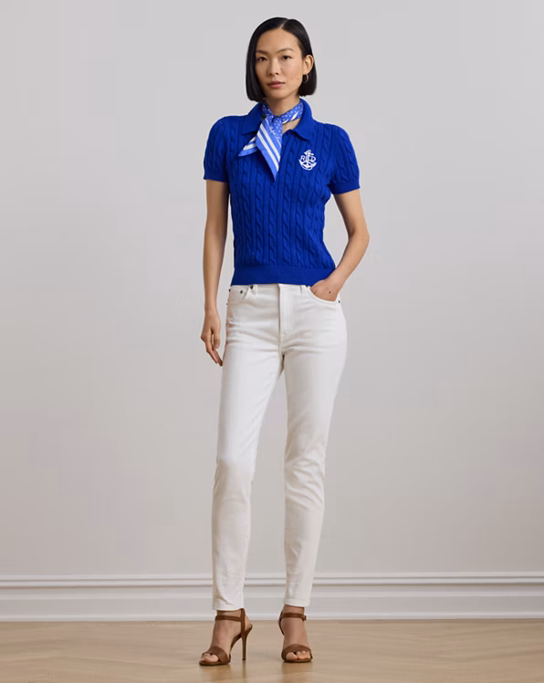 Anchor-Logo Cable-Knit Polo Jumper