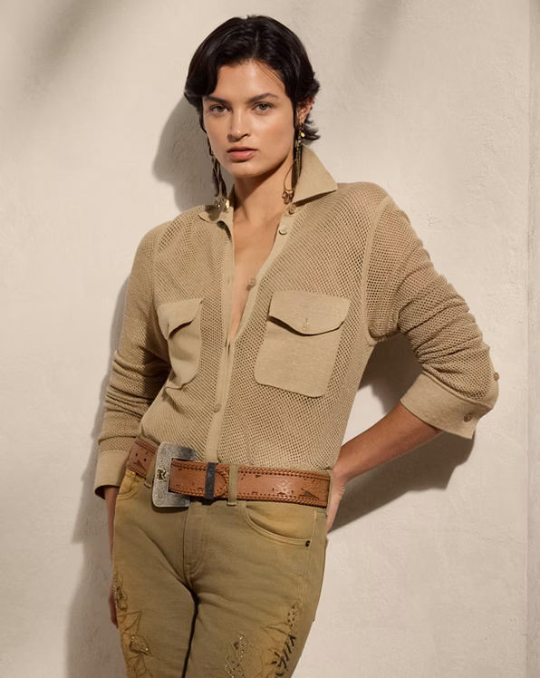 Linen-Blend Mesh Jumper Shirt