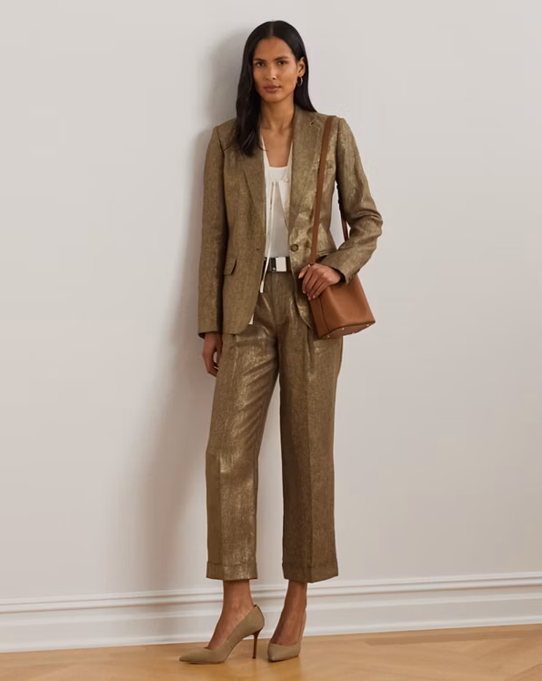 Pleated Metallic Linen Cropped Trouser