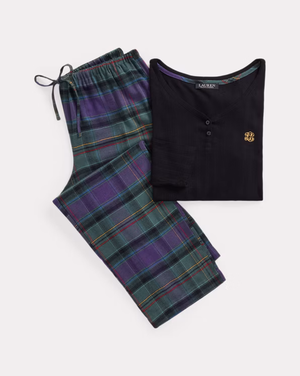 Plaid Cotton-Blend Henley Pyjama Set