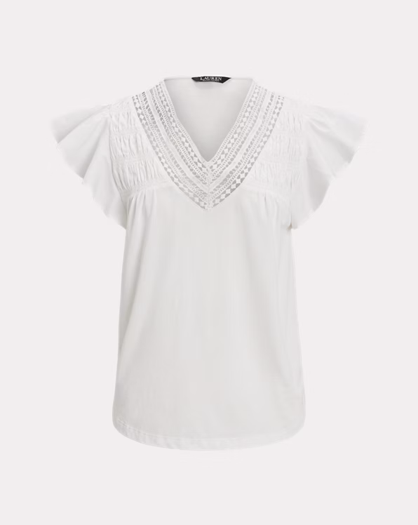Lace-Trim Jersey Flutter-Sleeve T-Shirt