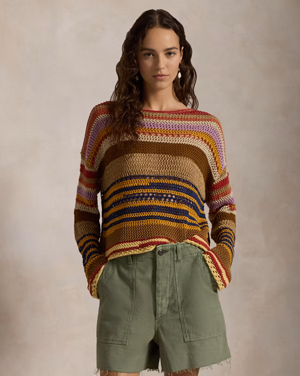 Striped Linen-Cotton Crocheted Jumper