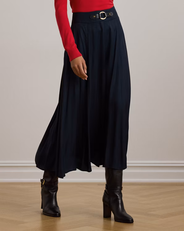 Buckle-Trim Twill Midi Skirt